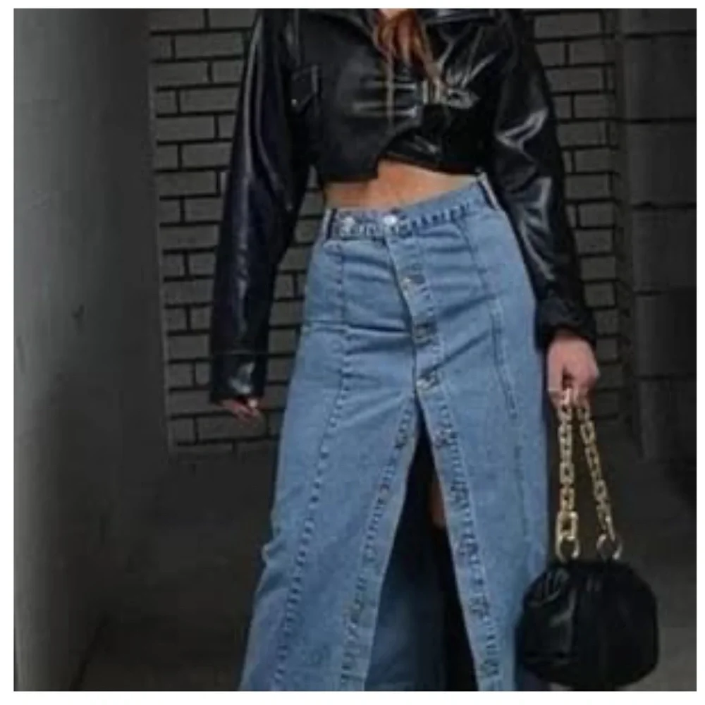 Women's Casual High Waisted Solid Button Up Blue Denim Jean Midi Skirt
